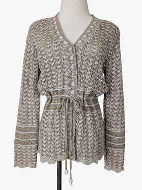 Vintage Crochet Cardigan Beige Size Small Belted Boho